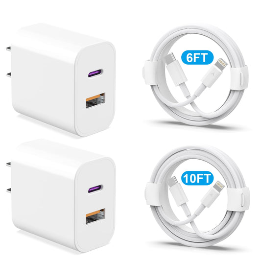20W Dual Port Fast Charger Block 2-Pack with 6FT & 10FT MFi-Certified Cables, PD/QC3.0 Quick Charge Adapter for iPhone 14/13/12/11 Pro Max/XS/XR/X