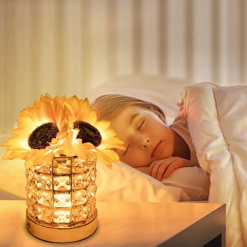 Flower Lamp with USB Charge, 3-Colour Infinitely Dimmable Artificial Sunflower LED Table Lamp, Rechargeable Cordless Touch Small Night Light, Gift