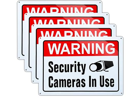 Video Surveillance in Use Sign, Warning Security Cameras in use Sign, Large 10x14 Inch Aluminum UV Ink Printed for House and Business (4-Pack)