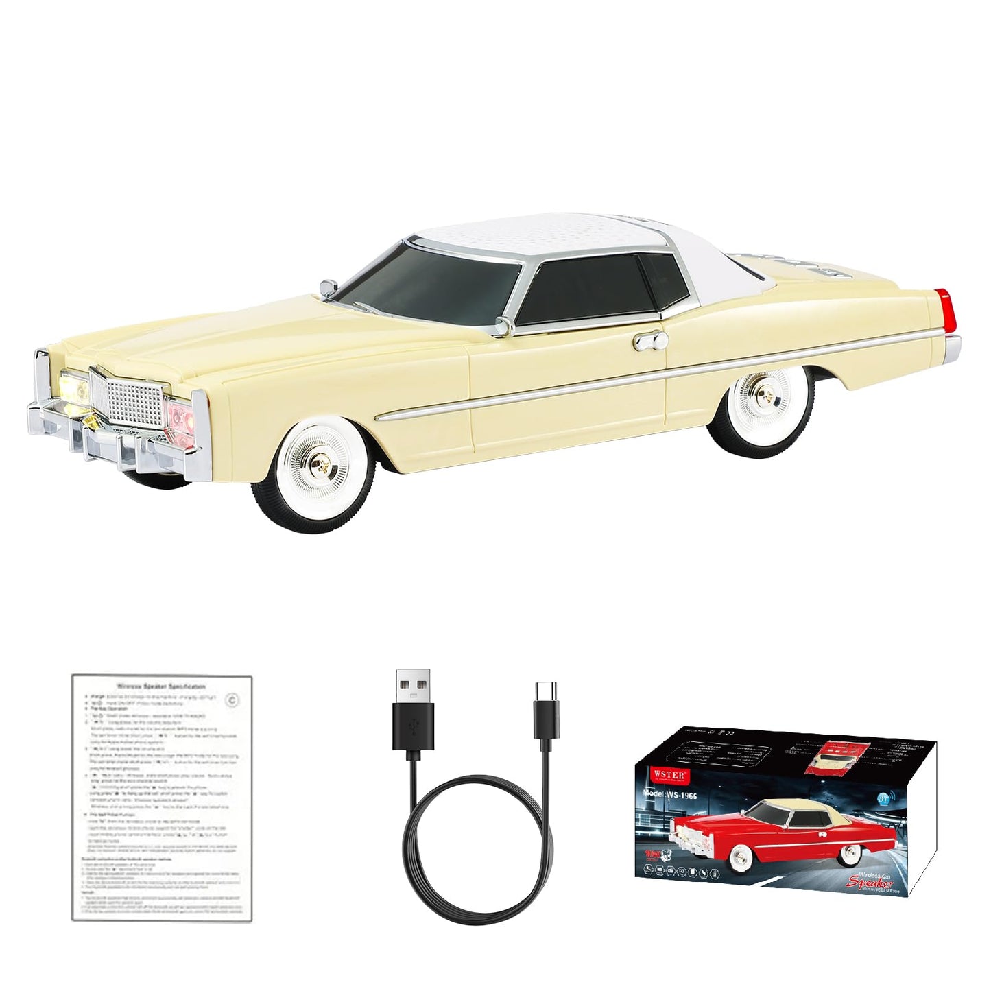 WSTER WS-1966 Retro Sedan Bluetooth Car Replica Speaker - HD Stereo, TWS, FM, USB/TF, LED Lights, Type-C - Portable Model Car Speaker with Mic