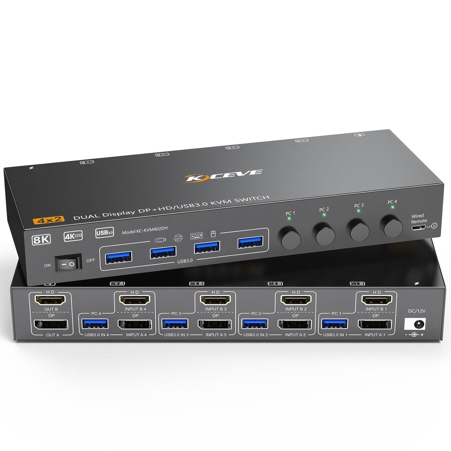HDMI+Displayport KVM Switch 2 Monitors 4 Computers 8K@60Hz 4K@144Hz, Dual Monitor KVM Switch for 4 PC Share 2 Monitors and 4 USB3.0 Devices, with 4