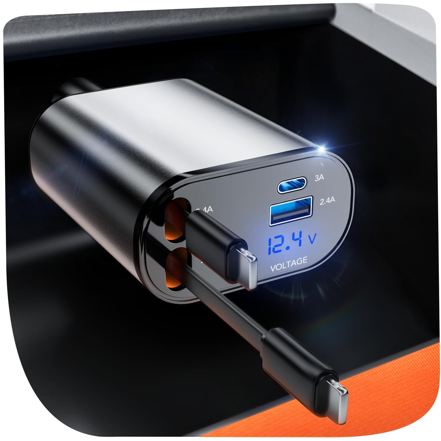 Retractable Car Charger, 4 in 1 Fast Charging 69W, Cigarette Lighter Adapter 2 Retractable iPhone Cables and USB Car Charger,Compatible with iPhone