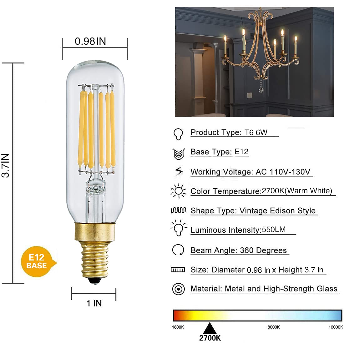 YFXRLIGHT Dimmable T6 Vintage LED Light Bulbs Warm White 2700K,6W Equal 60 watt Light Bulb, E12 Base Candelabra Bulb for Chandeliers,Pendant,Wall
