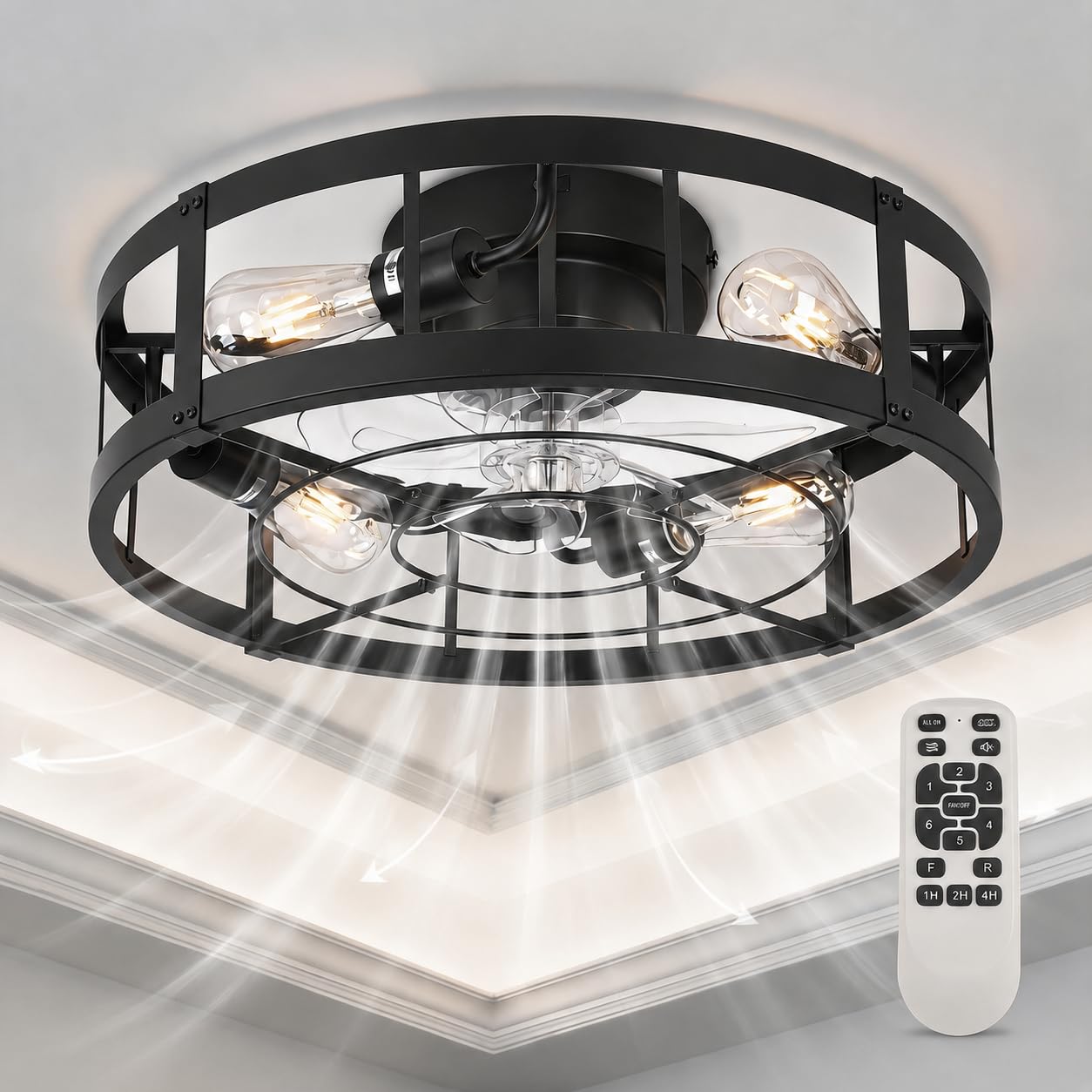 Garvee 20" Ceiling Fan with Lights, Black Cage Flush Mount Fan