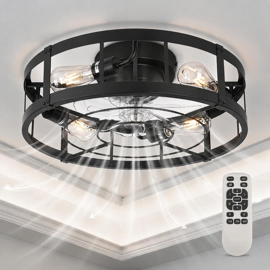 Garvee 20" Ceiling Fan with Lights, Black Cage Flush Mount Fan