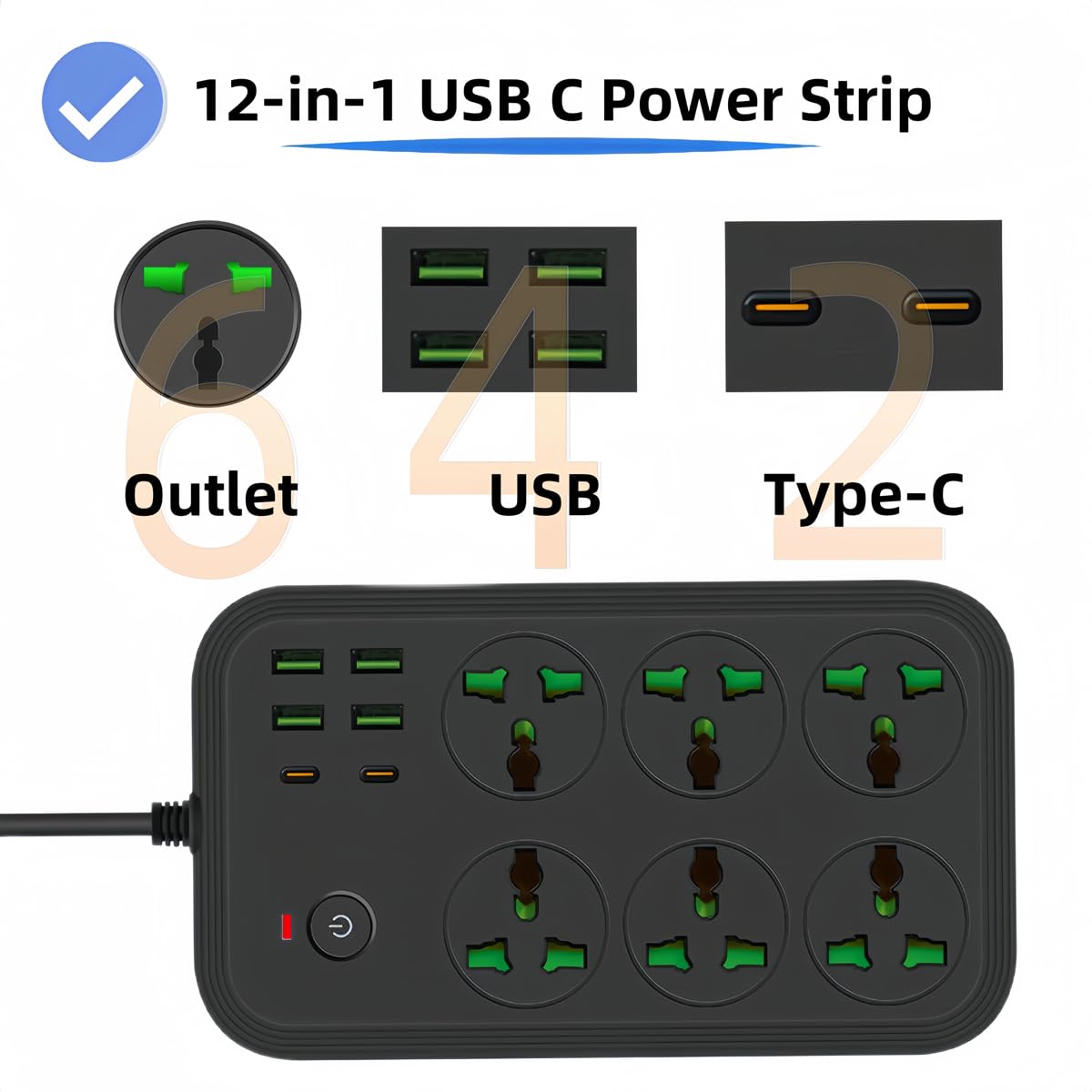 12 in 1 Power Strip with USB C, Universal Extension Cord with 6 Wide AC Outlets and 4 USB Ports, 110-240v, Max 3000w, Wall Mount International Plug