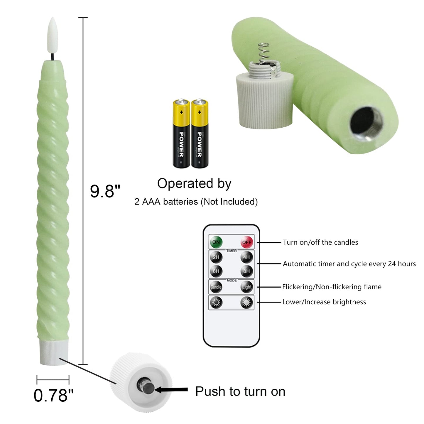 Lasumora Flameless Taper Candles Green Pastel Flickering with Remote Timer, Battery Operated Warm 3D Wick LED Spiral Candles 6 Pack 9.8" Real Wax