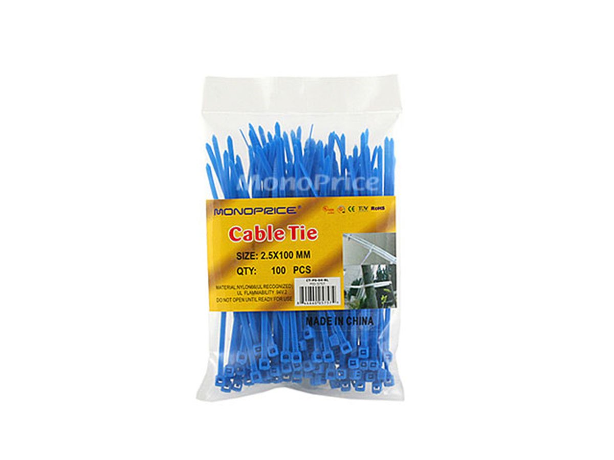 Monoprice Cable Tie 4 inch 18LBS, 100pcs/Pack - Blue
