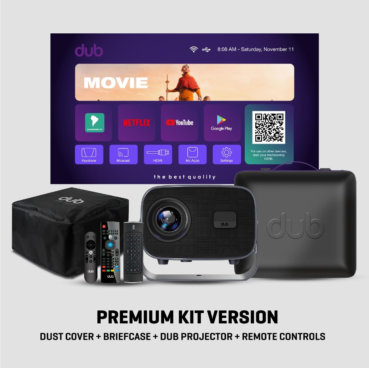 DUB Projector with Free TV App | Android 14 | FullHD | Built-in Speaker | WiFi & Bluetooth | Auto Focus | 2GB RAM | HDMI & USB | Remote + Case + Dust