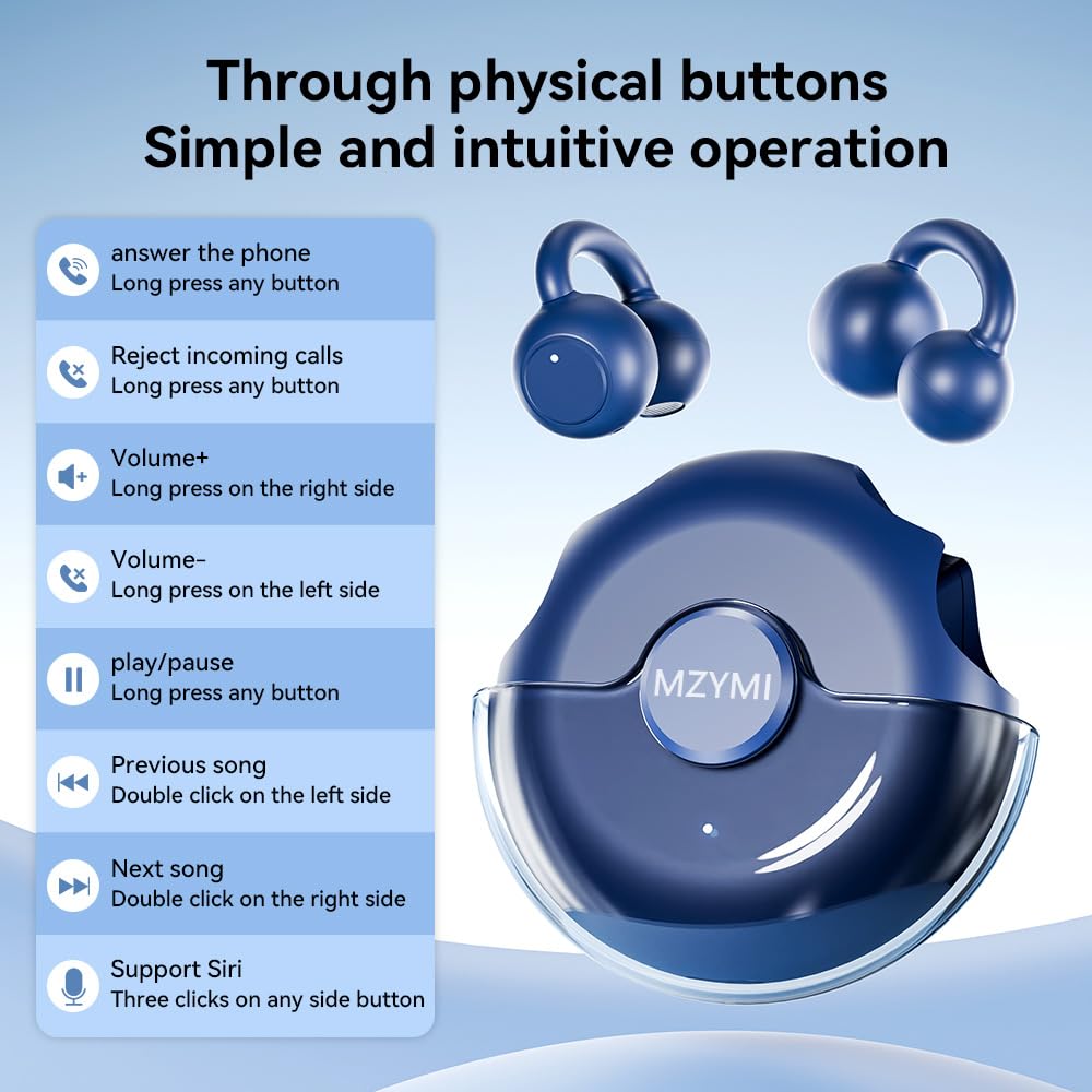 MZYMI Open Ear Earbuds, Bluetooth 5.4 Clip On Headphones,with Mic, 56H Playtime, IPX5 Waterproof, Clip-On Fit, Clear Audio, for Small Ears, Workout…