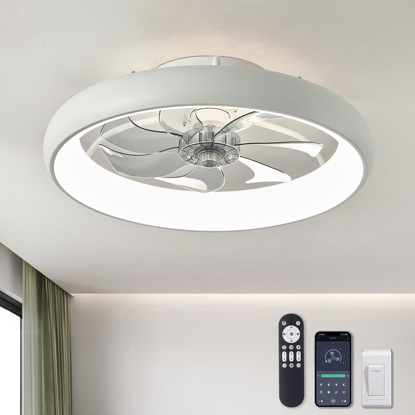 LUDOMIDE Ceiling Fans with Lights and Remote, 20'' Low Profile Flush Mount, 6 Wind Speeds, Modern Dimmable LED Ceiling Fan, Smart Ceiling Fan