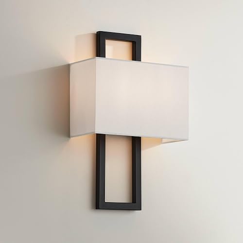 Possini Euro Design Modena Modern Art Deco Wall Sconce Lighting Black Hardwired 15 1/2" High Fixture Silvery Faux Silk Half Rectangular for Bedroom