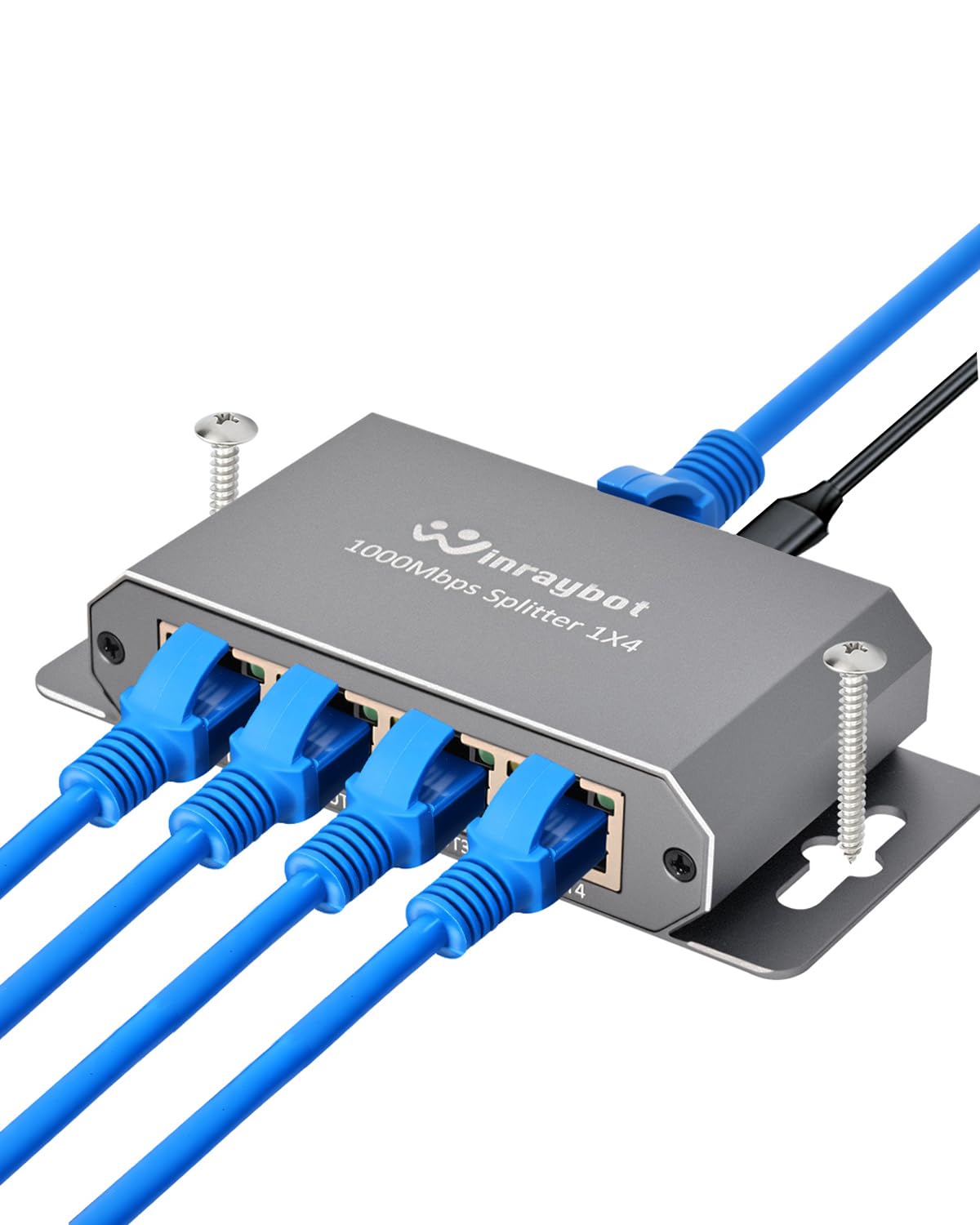 WinRaybot 4 Port Gigabit Ethernet Splitter 1 to 4 - Powered Network Switch with Wall Mount Ears for Home, Office, PS5, Router, Smart TV - Plug
