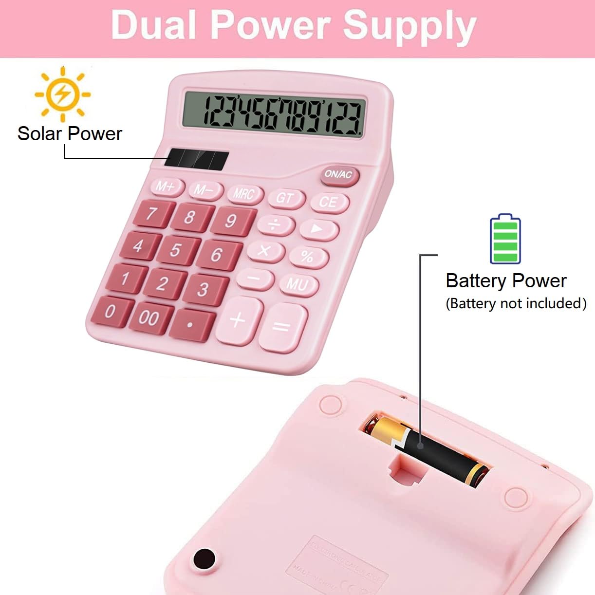 Cute Desktop Basic Calculator for Kids, Dual Solar and Battery Power, Simple 4 Functions and Basic Financial Calculations with Big Buttons and 12