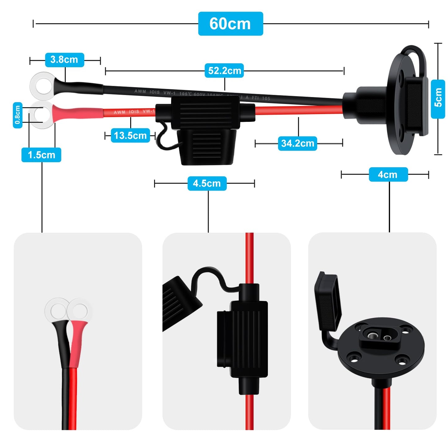 YINGAYOU Fused SAE Power Socket Sidewall Port 10AWG 30A SAE Sidewall with Inline Fuse and O Rings 8mm Solar Power Socket Sidewall for Charging
