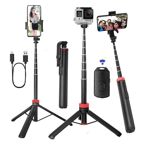 66" Tripod for iPhone & Camera, Portable Phone Tripod with Rechargeable Remote Control and Rotate Phone Stand, Selfie Stick for iPhone/Gopro