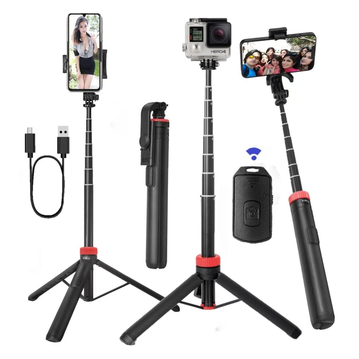 66" Tripod for iPhone & Camera, Portable Phone Tripod with Rechargeable Remote Control and Rotate Phone Stand, Selfie Stick for iPhone/Gopro
