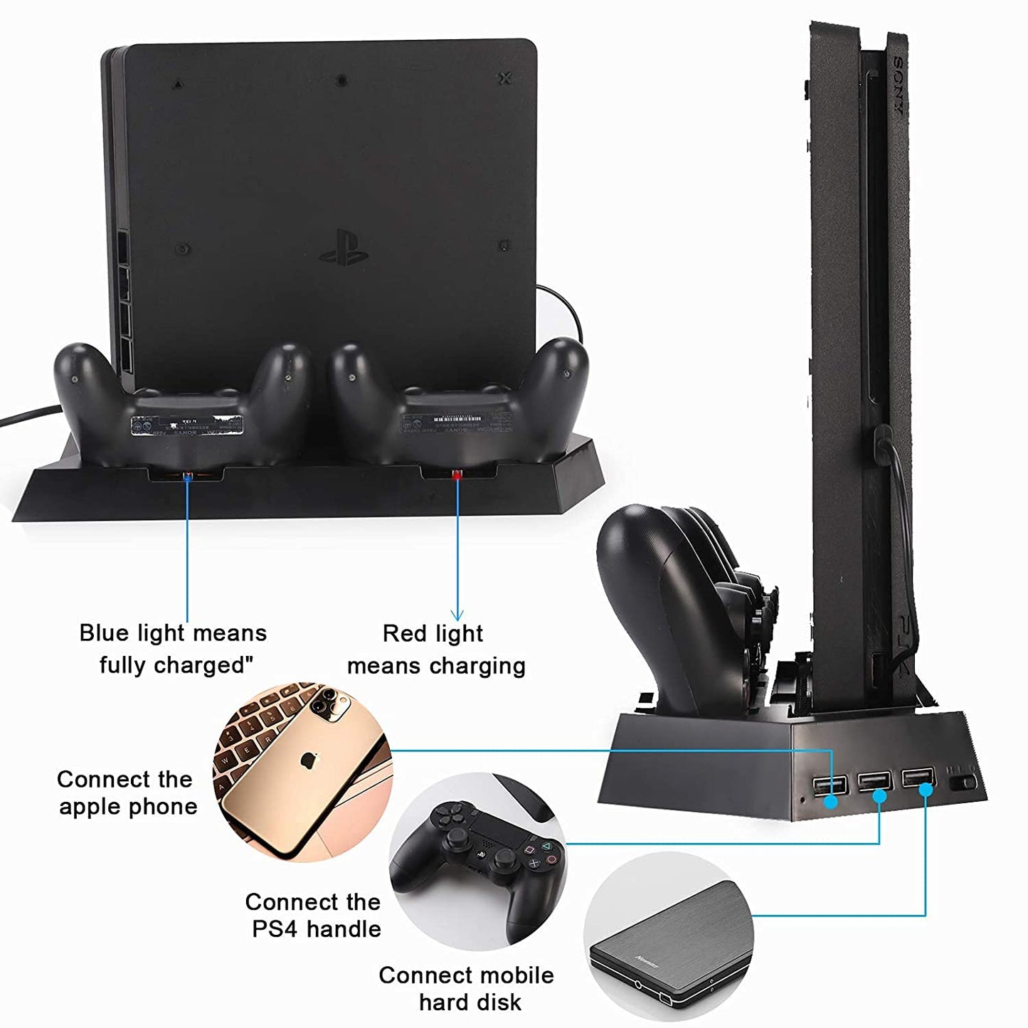 Charging Station Stand with Cooling Fan for PlayStation 4/PS4 Slim/PS4 Pro, 3 in 1 PS4 Vertical Stand with Dual PS4 Dualshock Controller Charger Port