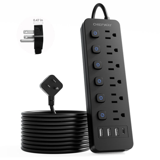Wall Outlet Extender, 6Ft Power Strip with Individual Switches, 6 Outlets & 4 USB Ports (1 USB-C), Extension Cord with Multiple Outlets, Cruise