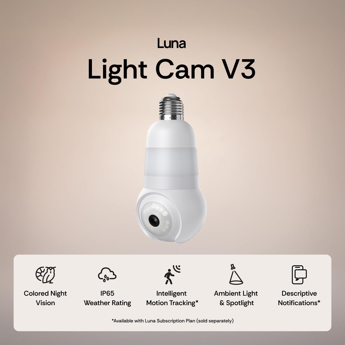 Luna Light Bulb Security Cameras Wireless Outdoor Indoor, 360° Pan Tilt, Color Night Vision, LED Bulb & Spotlight, 2.4GHz 5GHz Wi-Fi 6, Porch Light