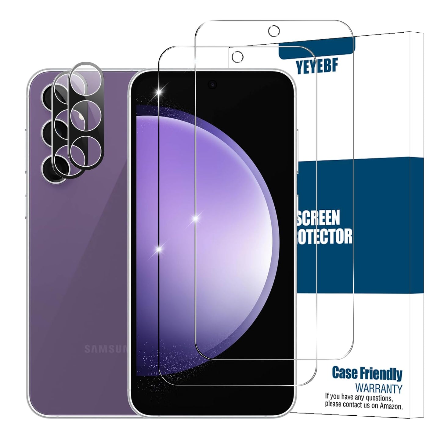 YEYEBF Galaxy S23 FE HD Clear Tempered Glass Screen Protector + Camera Lens Protectors, [2+2 Pack] [3D Glass] [Fingerprint Support] Screen Protector