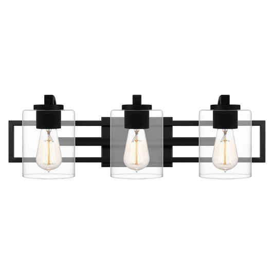 Quoizel Lansdowne Modern Bath Vanity Lights, 24 Inch 3-Light Matte Black Lighting Fixtures Over Mirror, Clear Glass Shade, 100W, Decorative Wall Light