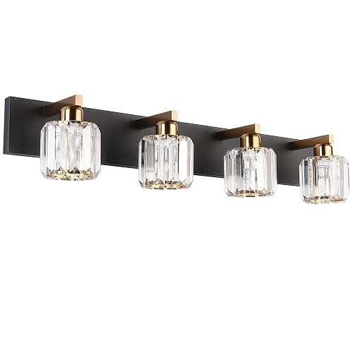Aipsun Crystal Bathroom Vanity Lighting Black Vanity Light Fixtures Modern Vanity Light for Bathroom 4 Lights(Exclude Bulb)