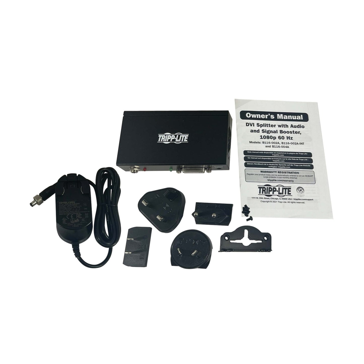 Tripp Lite 2-Port DVI Splitter, 1080p @ 60Hz Quality, 1 DVI-D to 2 DVI-D Displays, International Plug Adapters for North America EU UK & Australia