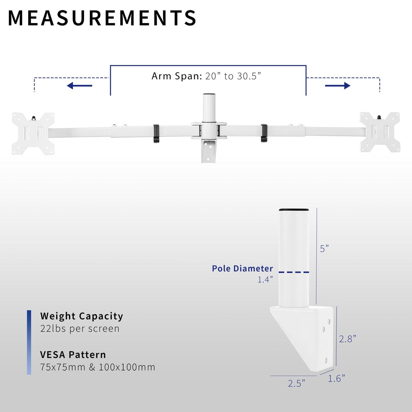 VIVO Premium Dual 21 to 32 inch LCD LED Monitor Wall Mount, Heavy Duty Telescoping Arms, Flush Wall Setup, Fits 2 Screens, White, MOUNT-TS32W
