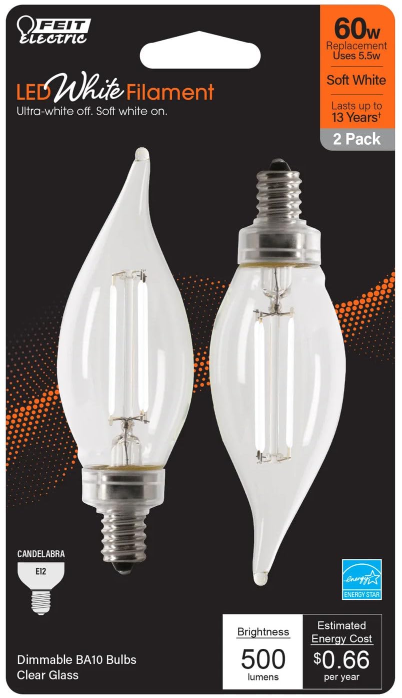 Feit Electric BPCFC60927CAWFIL/2 Soft White Flame Tip Exposed White Filament LED Bulb, Box of 2 Bulbs; 5.5W; 60W Equivalent; E12 Base; 2700K; 90 CRI