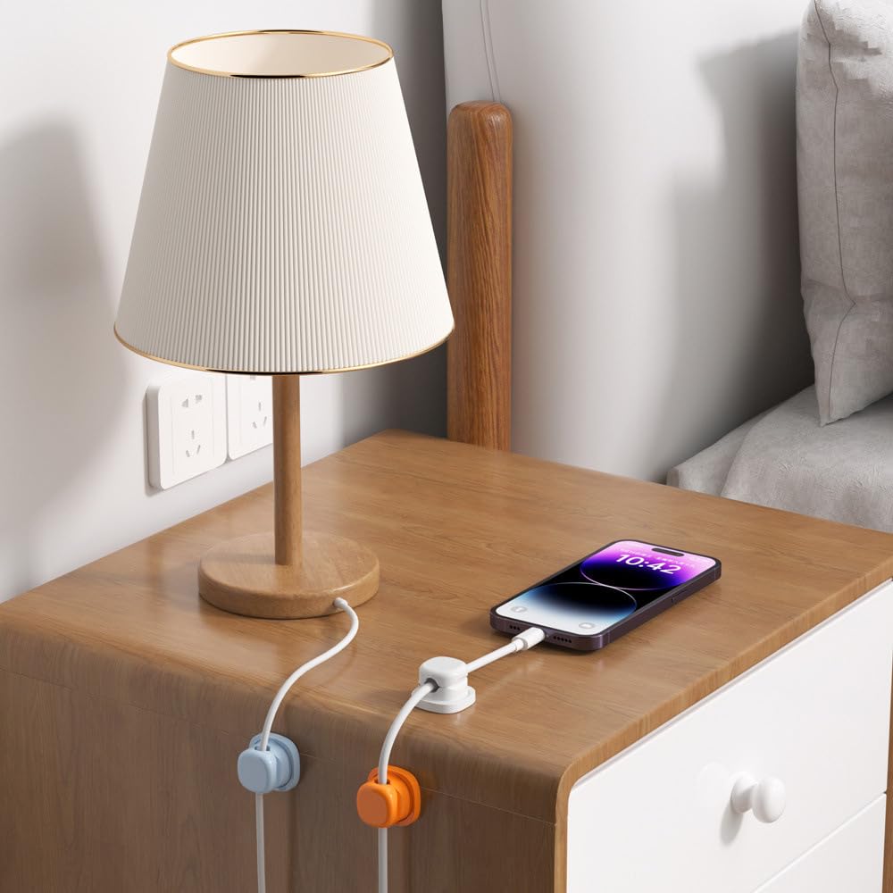 6 Pack [1s Lock] Spring Cord Holder Clips,Upgraded 360° Rotatable Cord Organizer, Strong Cable Holder, Adhesive Wire Keeper, Phone Cord Holder