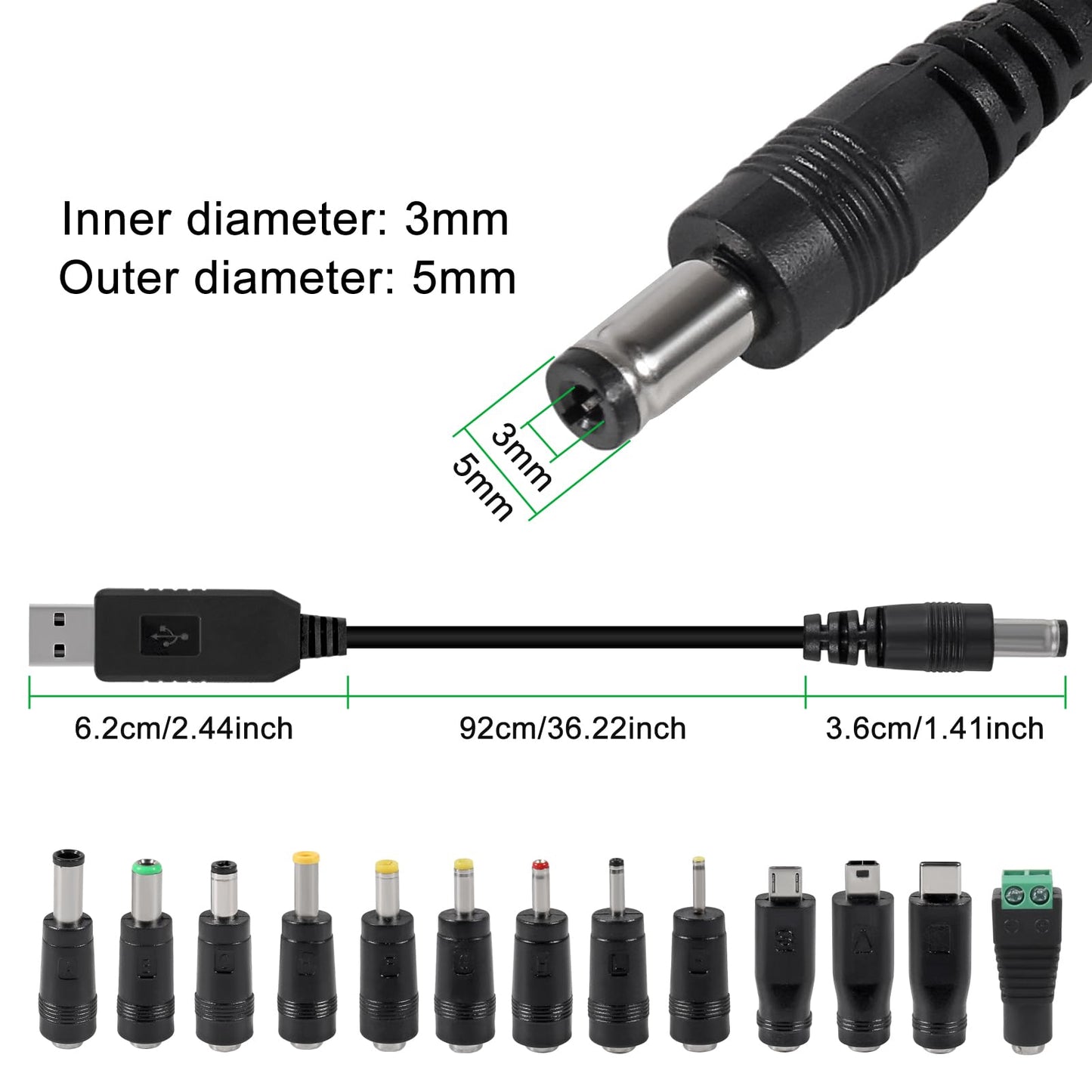 JUZITAO 2PCS Universal 5V DC 5.5 2.1mm Plug Charging Cable Power Cord, USB to DC Power Cable with 13 Interchangeable Plugs Connectors Adapters