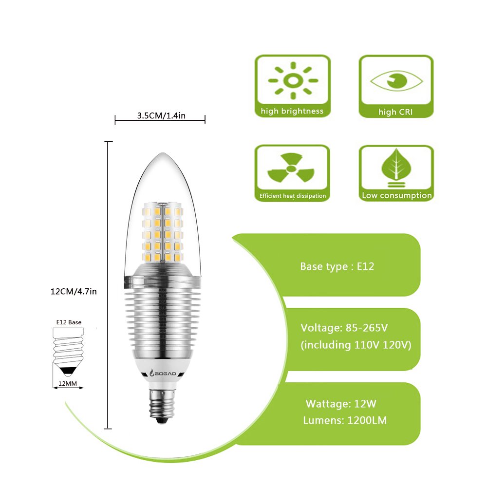 BOGAO E12 LED Candelabra Bulb, 12W Daylight White 6000K LED Candle Bulbs, 80-100 Watt Light Bulbs Equivalent, E12 Candelabra Base,1200 Lumens LED