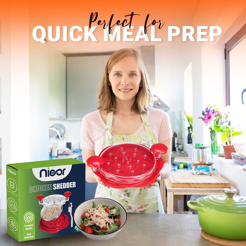 Large Chicken Shredder Tool – 10" BPA-Free Manual Meat Shredder for Chicken, Pork & Beef, Anti-Slip Ergonomic Handle, Brush Included, Red