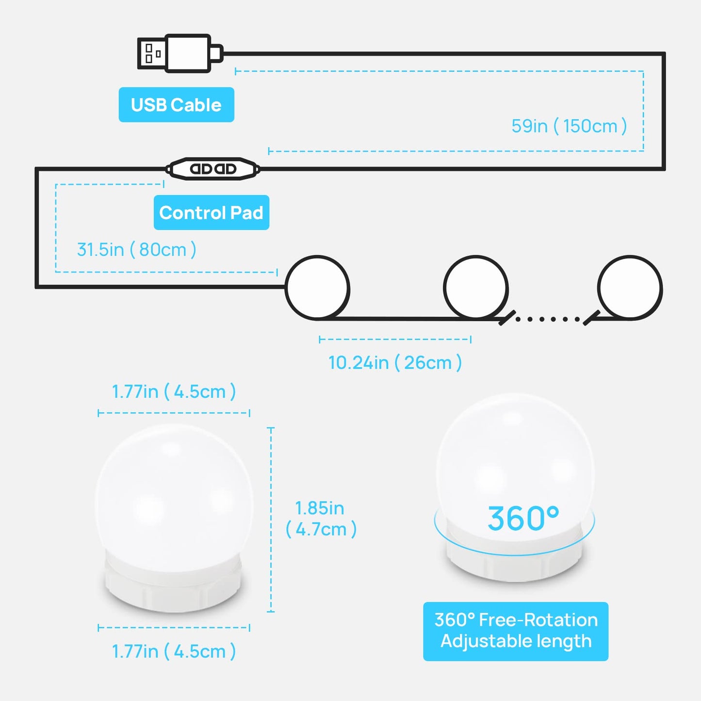 LED Vanity Lights For Mirror, Consciot Hollywood Style Vanity Lights With 10 Dimmable Bulbs, Adjustable Color & Brightness, USB Cable, Mirror Lights