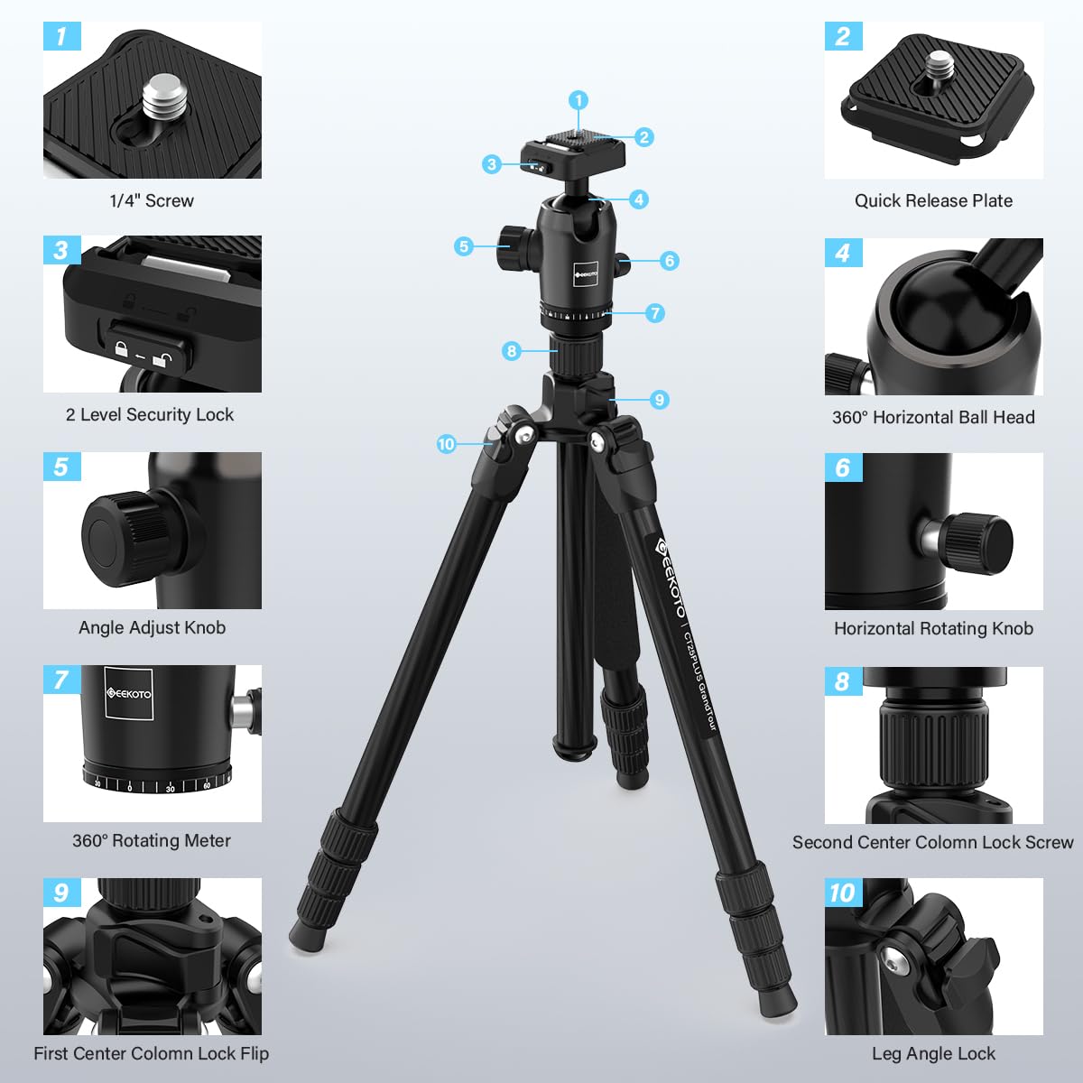 GEEKOTO 65" Carbon Fiber Camera Tripod,Heavy Duty Tripod with 360° Ball Head, 1/4" Quick Release Plate, Supports 26.5 lbs, Converts to Monopod