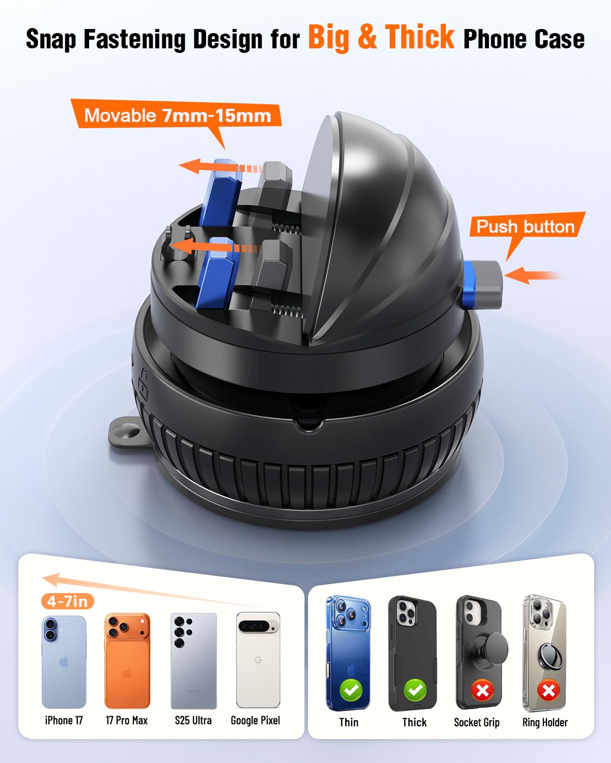 pop-tech Car Suction Dashboard Phone Holder:?360° Rotating & 30° Adjustable? Vacuum Suction Cup Cell Phone Mount with Anti-Slip Spring Snap, Vehicle