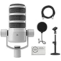 Rode PodMic Dynamic Podcasting Microphone | White Bundle with Pop Filter + Desktop Microphone Stand + XLR Cable + Cleaning Cloth (5 Item)