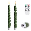 West Ivory Full Twisted Spiral Flameless LED Taper Candles - Loden Green, Set of 2 - 2/4/6/8-Hr Timer (24-Hr Memory), Remote, Dimmable, Bottom On/Off