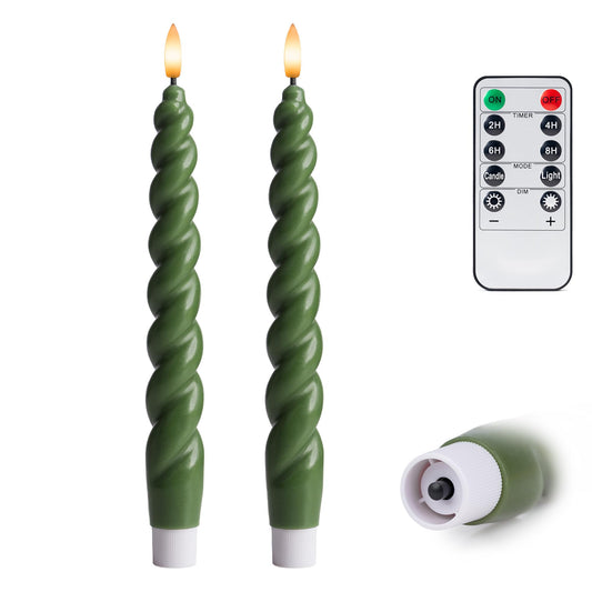 West Ivory Full Twisted Spiral Flameless LED Taper Candles - Loden Green, Set of 2 - 2/4/6/8-Hr Timer (24-Hr Memory), Remote, Dimmable, Bottom On/Off