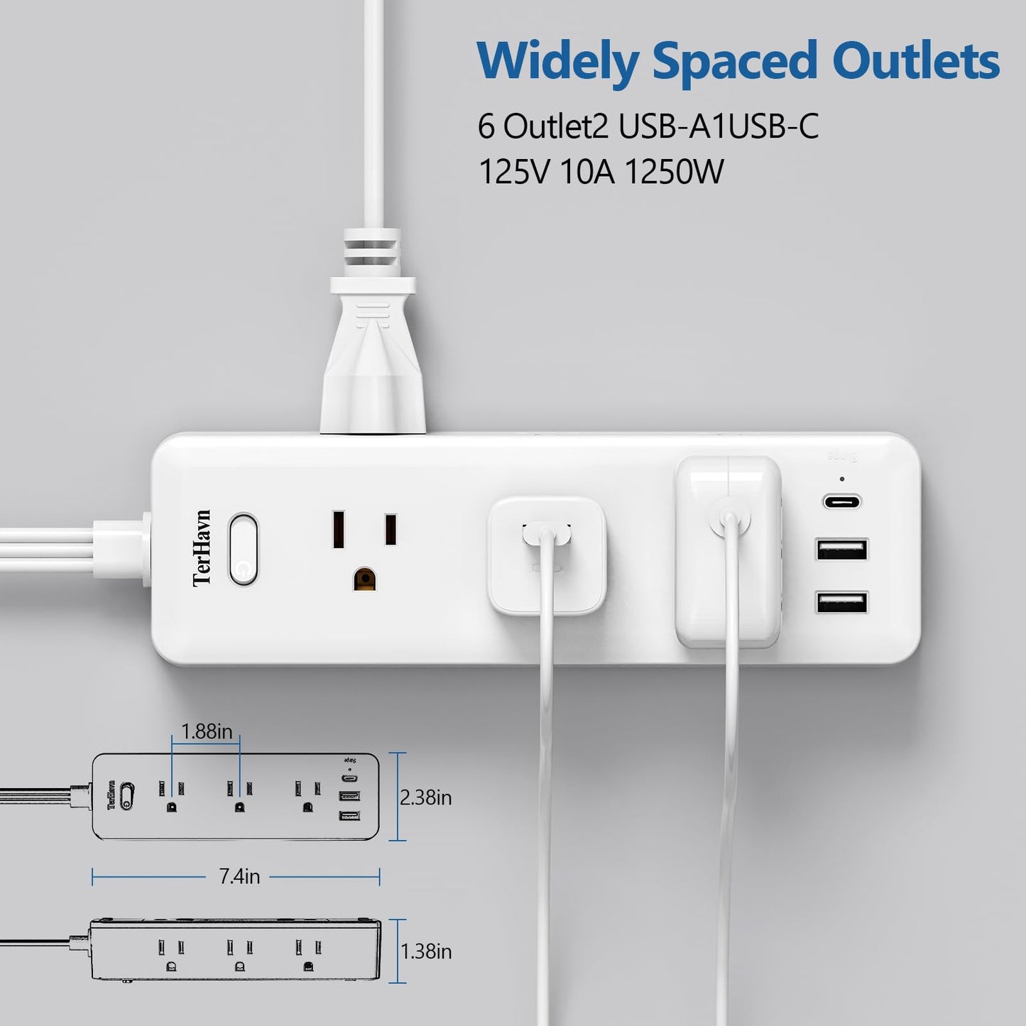 5 FT Extension Cord Flat Wall Plug, TerHavn Power Strip, 6 Outlet Extender with 3 USB (5V/3.4A 17W) Charging Ports, Power Strip with Surge Protector