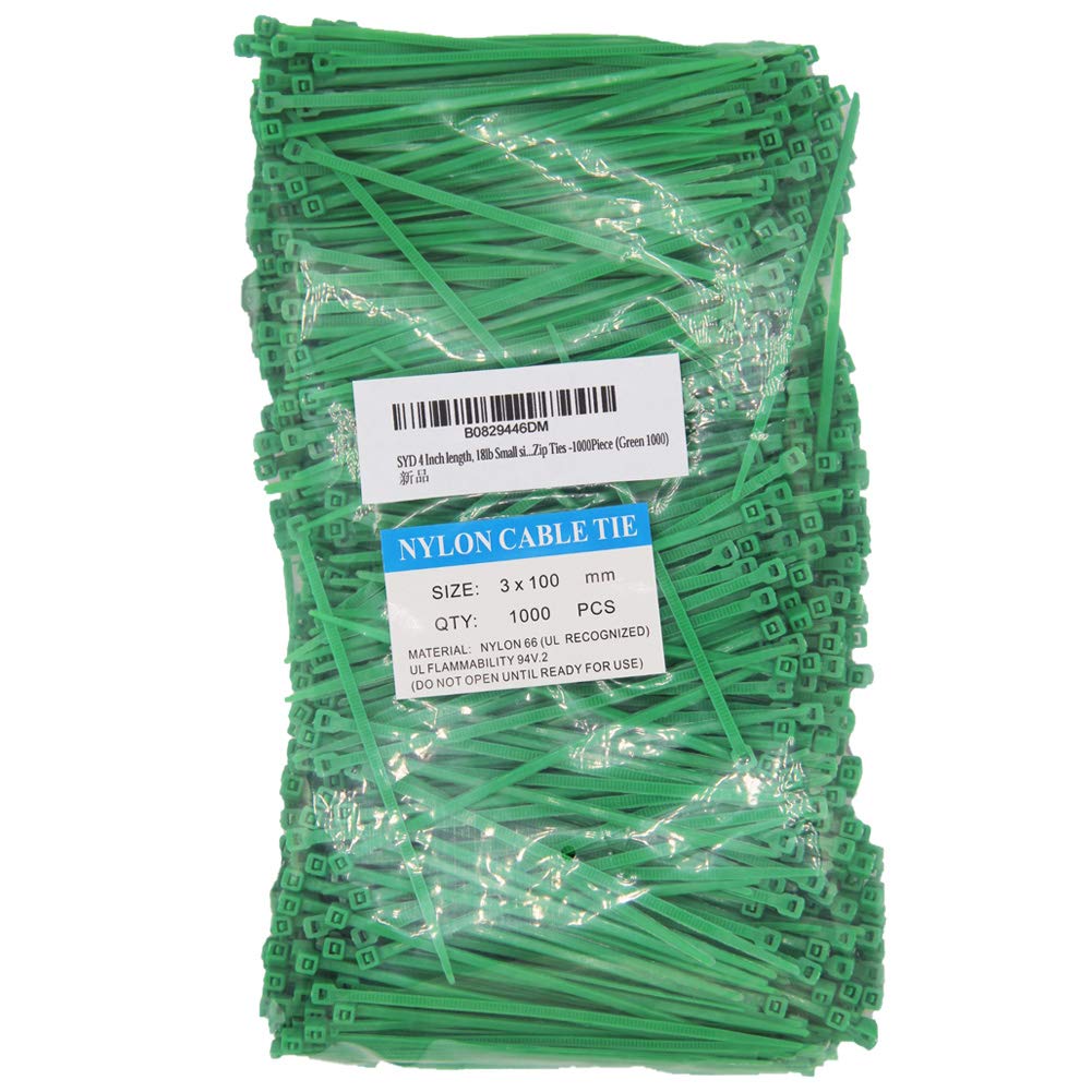 SYD CHEN 4 Inch Green Zip Ties (1000 Pieces), 18lb Strength, Nylon Cable Wire Ties