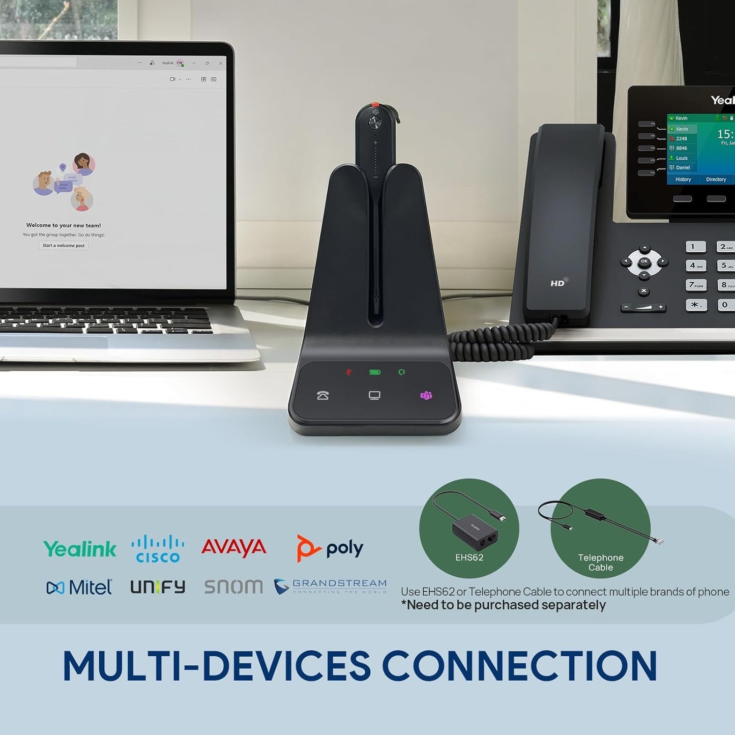 Yealink DECT Wireless Headset WH63 E2 UC, Zoom Teams Certified,Single Ear (Mono) Convertible Headset,Connects to Desk Phone&Computer,Noise Canceling