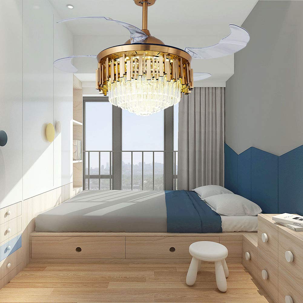 OUKANING 42inch Crystal Chandelier Ceiling Light LED - 4 Acrylic Automatic Retractable Crystal Fan Blade Ceiling Lamp for Living Room/Dining Room/Hall