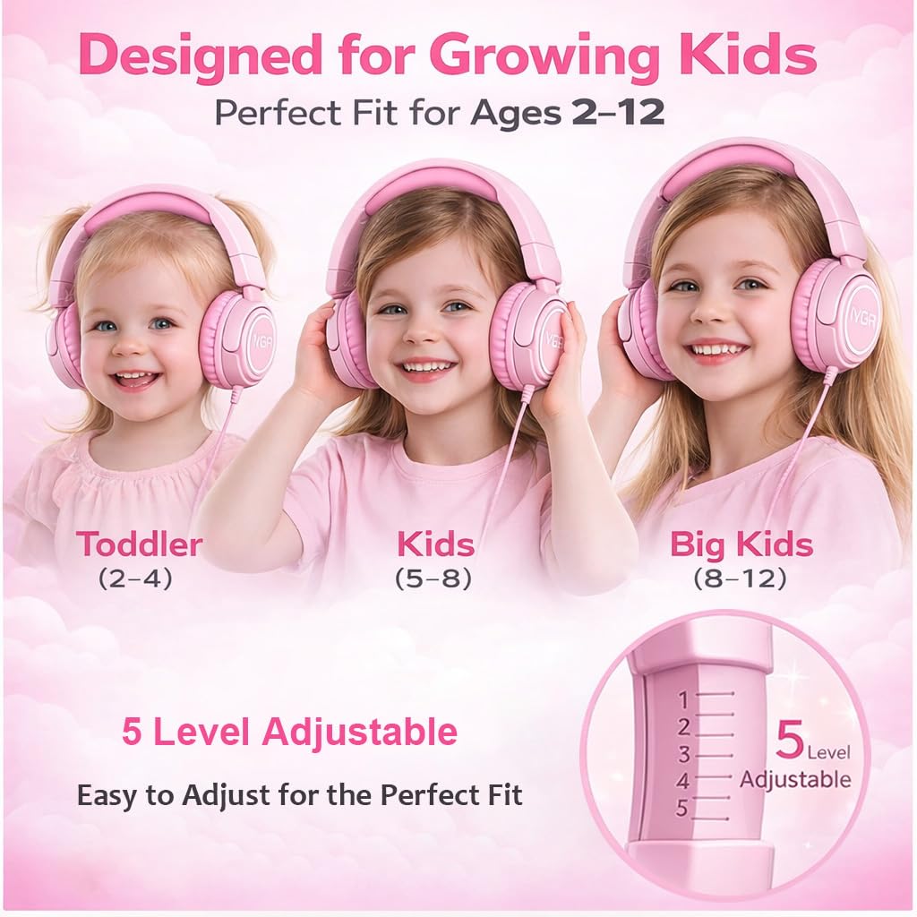 IYGR K6C Kids Headphones with USB-C, for Toddler & Kids Ages 2-12, 85dB Safe Volume Limited, Adjustable Headband & Foldable Wired, On-Ear Headphones