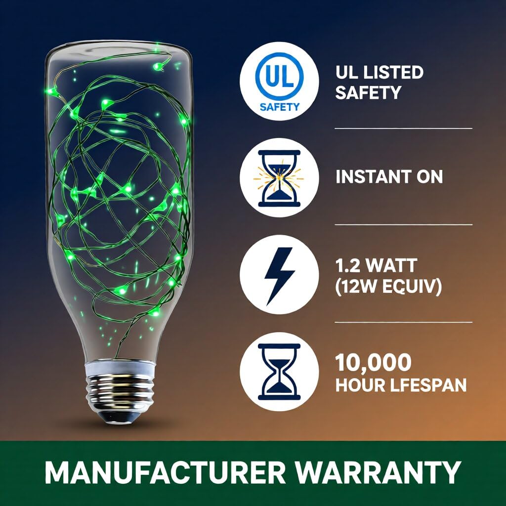 SleekLighting 1.2 watt LED Light Bulb - Bottle Fairy Light - General Purpose Green LED Light Bulb - UL Approved - Uses 1.2Watt of Energy, 110 Volts