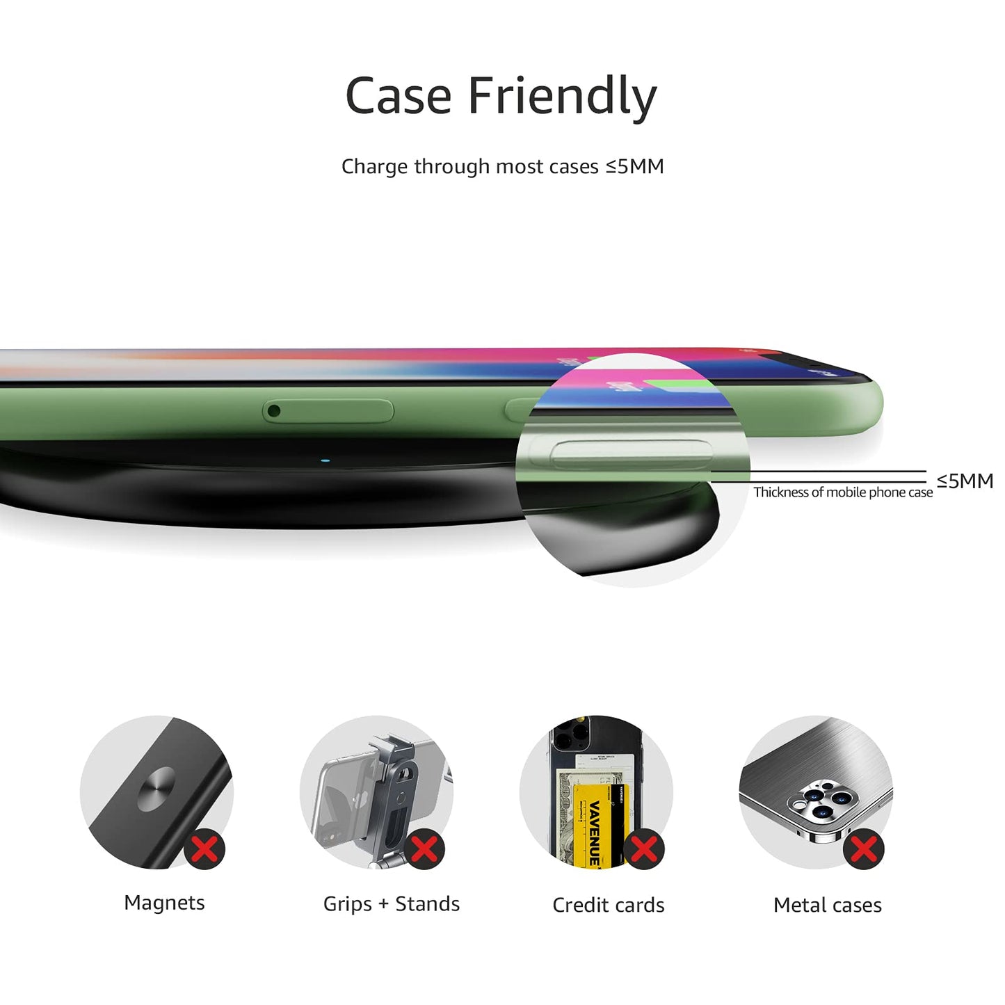 Amazon Basics Wireless Charger, 15W Qi Certified Wireless Charging Pad with USB Cable, Compatible with iPhone 15/14/13/12/11/X, Samsung & LG, Case