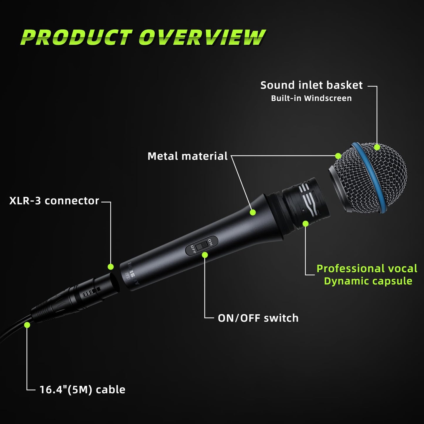 MRSDY Wired XLR Microphone, Metal Handheld Cardioid Dynamic Mic for Singing, Stage, Studio, Karaoke, with On/Off Switch, 16.4ft XLR Cable, Pouch