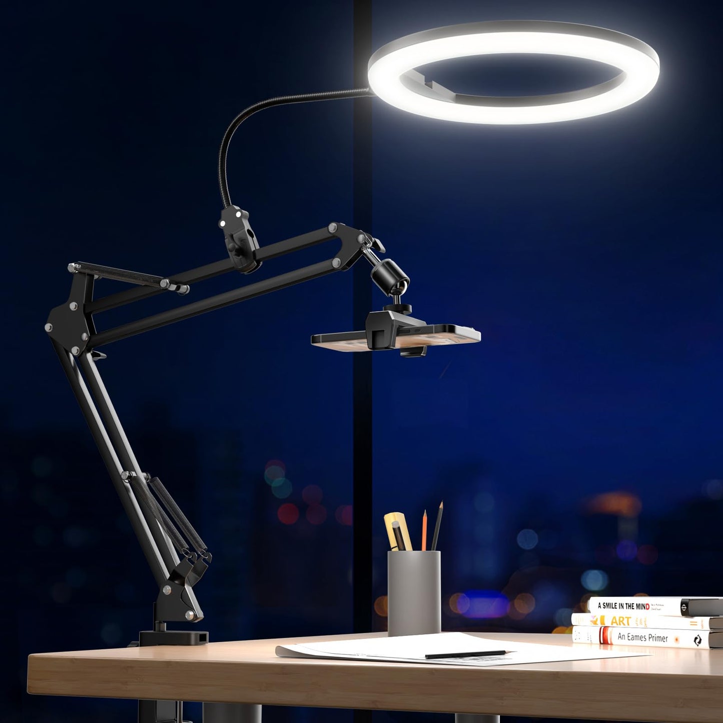 UBeesize 10" Ring Light with Overhead Phone Mount, LED Selfie Light with Stand and Phone Holder, Desk Light for iPhone, Desk Tripod for Video