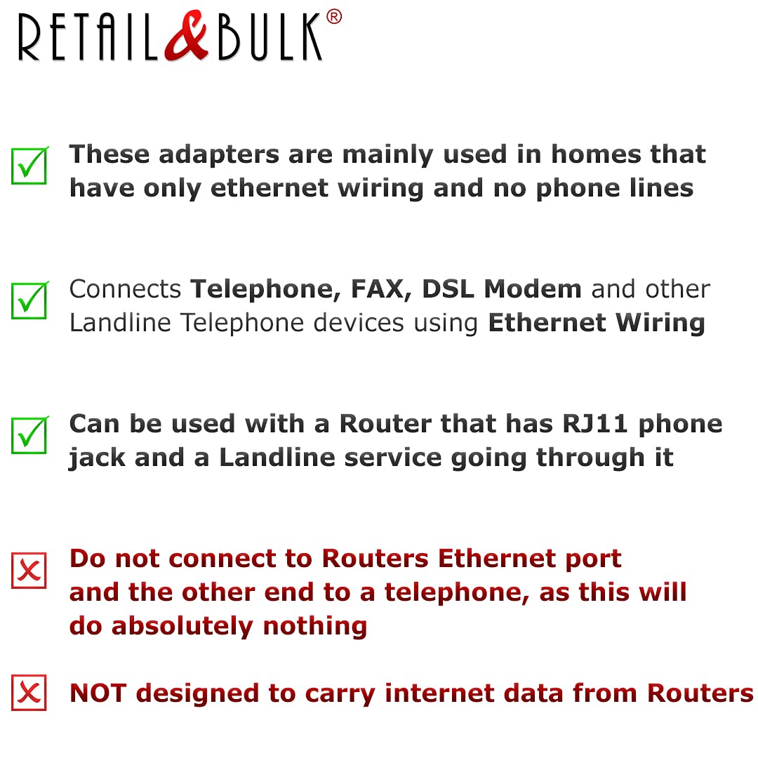 RetailAndBulk 1-Pack RJ11 to RJ45 Adapter Phone Line to Ethernet - RJ11 Female to RJ45 Male for Landline, Fax, DSL Modem Connection (Black, Made